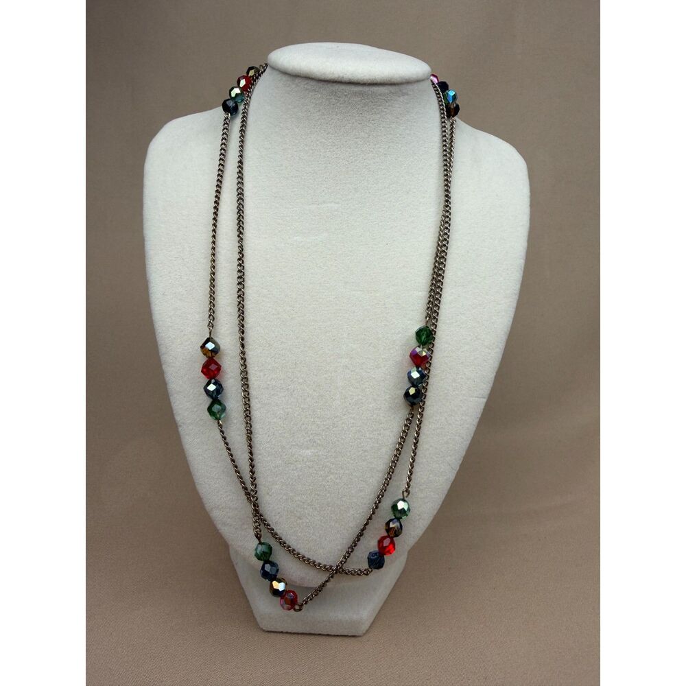 Vintage 1970s Multicolor Faceted Crystal Glass Station Opera Necklace